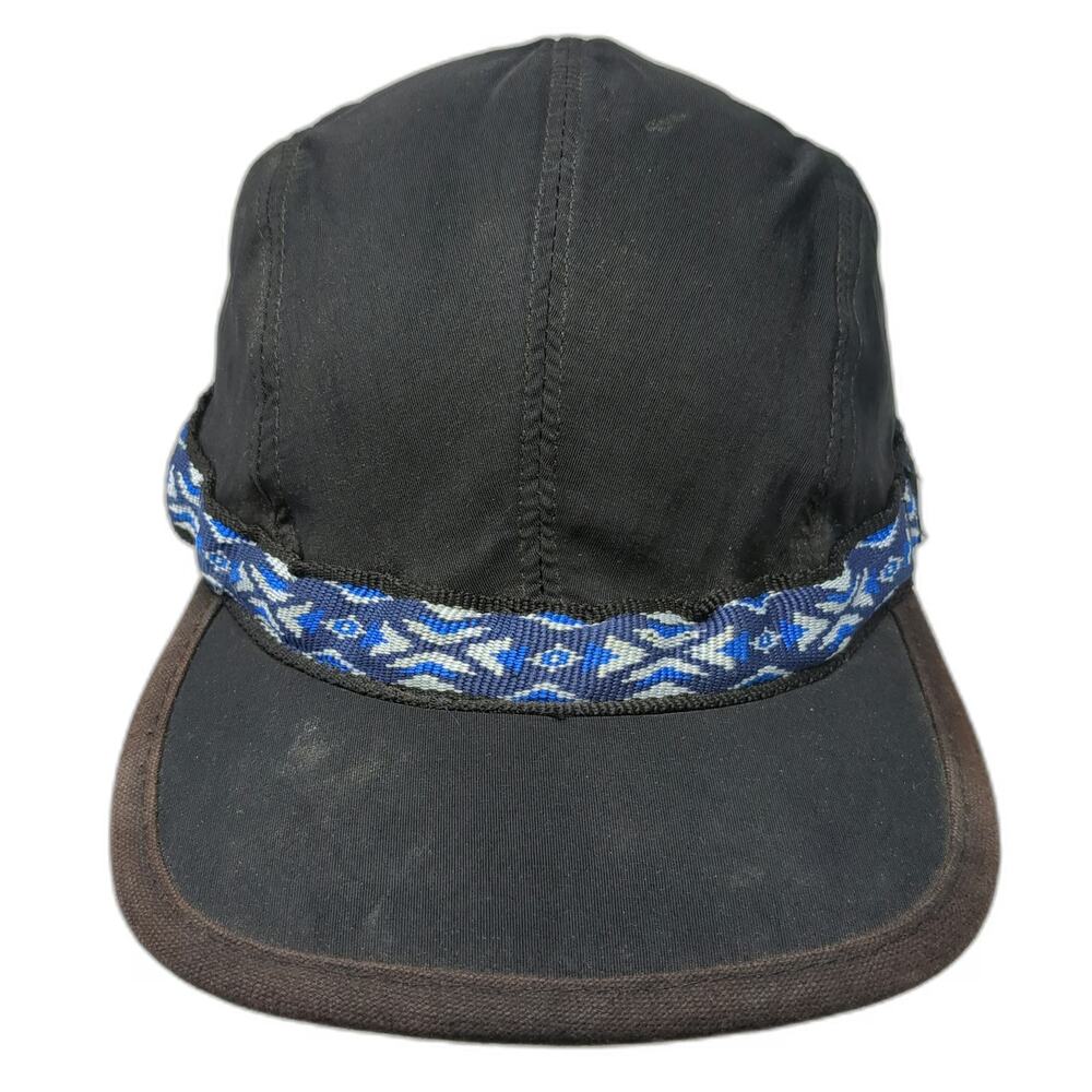 KAVU 5 Panell Cap Black Hat L Patterned Strap Slideback Made in USA Polyester